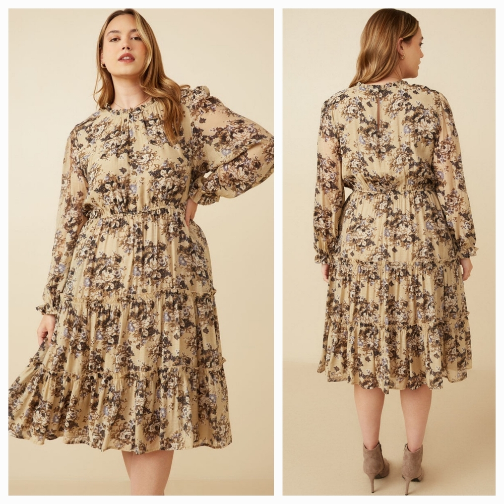 Hayden Floral Midi Dress 1XL XL Taupe Long Sleeve Tiered Boho Country Flowy